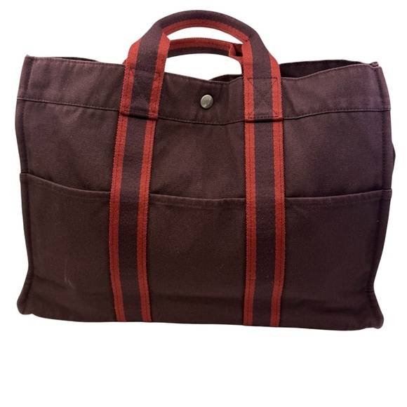Authentic Hermes Fourre ToutMM Handbag Brown-Burgundycolor canvas